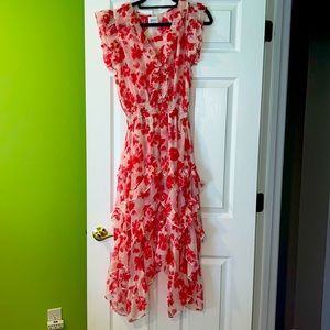 Misa Los Angeles Pink and Red Floral Asymmetrical Ruffle Dress